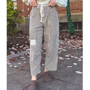 New Striped Utility Patchwork Pants Olive Green White Drawstring High Waist L